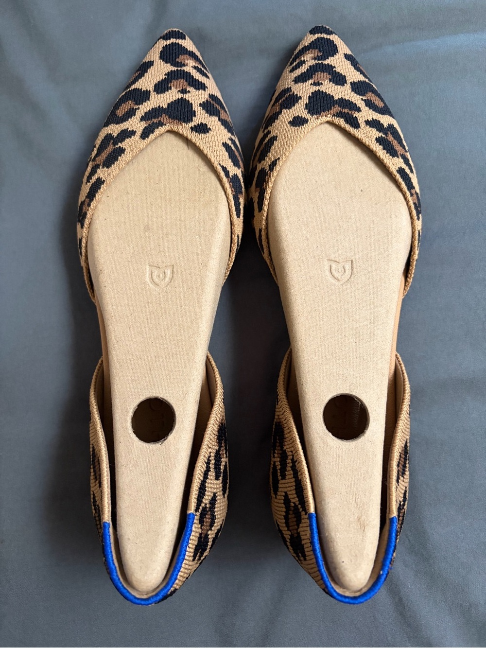 Rothy's Leopard Print Pointed D'Orsay Flats - Tan & Black with Blue Trim